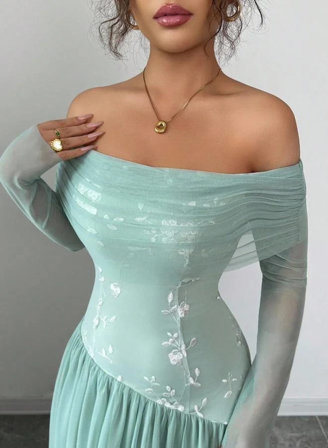 تايك تو فستان طويل مكشوف الأكتاف بأكمام شبكية